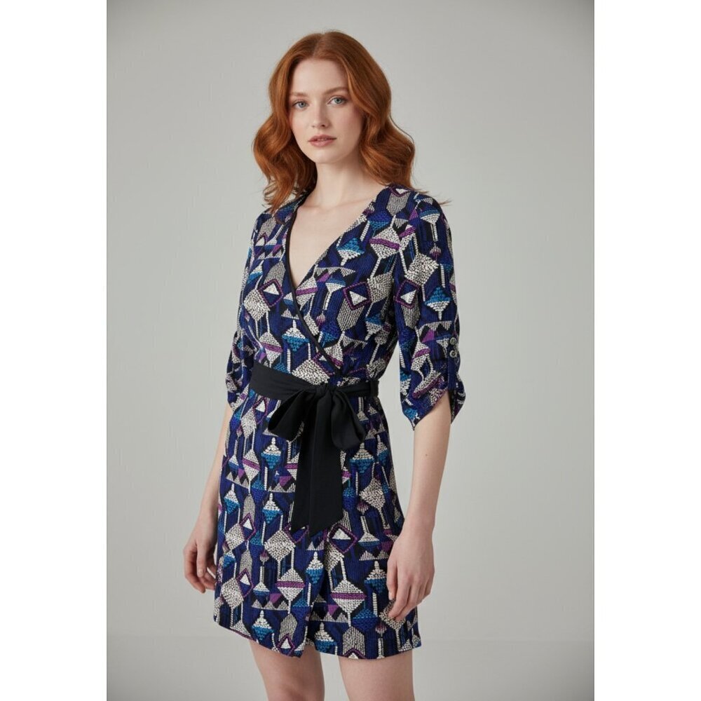 Yumi Kim Silk Wrap Dress Blue Black Purple Print Women’s Size Medium